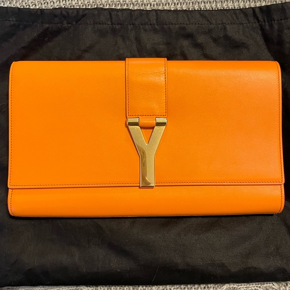 Yves Saint Laurent Classic Y Ligne Clutch Orange w/ Gold - Picture 1 of 13